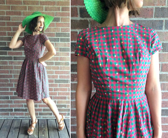 vintage 50s EMBROIDERED FLORAL gingham Full Skirt