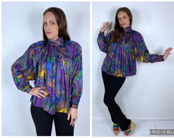 vintage 80s PURPLE COLORFUL Draped BLOUSE Extra Large bold Paris abstract graphic high neck top long sleeve vintage 80s blouse puff sleeve