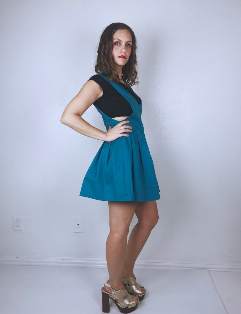 vintage 90s Turquoise PLEATED full skirt JUMPER mini dress Medium schoolgirl babydoll vintage 90s grunge dress overall dress pinafore dolly