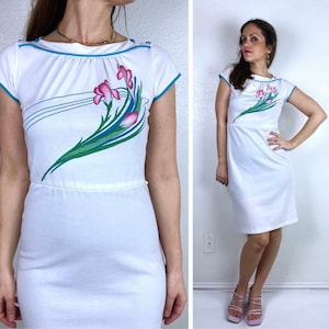 vintage 70s White IRIS PRINT Boho DRESS Small tropical print button neck retro dress boho floral print 70s summer indie knee length colorful