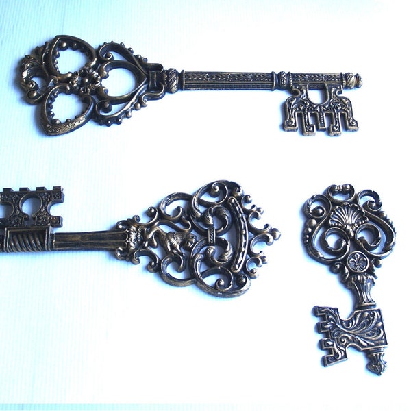 vintage 60s set of 3 GIANT KEY ornate antique Wall HANGINGS pictures home decor retro art