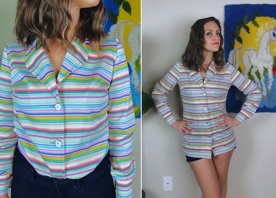 vintage 70s CANDY STRIPED rainbow pastel BLOUSE M… - image 1