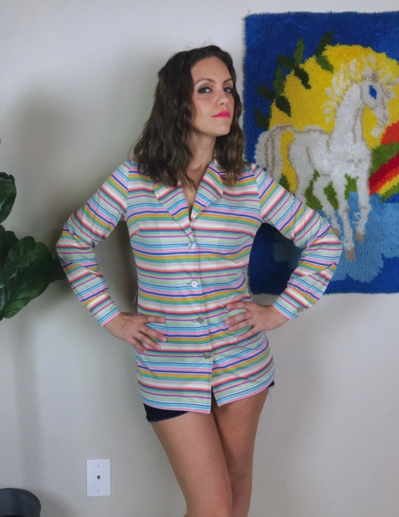 vintage 70s CANDY STRIPED rainbow pastel BLOUSE M… - image 9