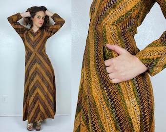 vintage 30s Chevron BLOCK PRINT zip up Maxi DRESS Small pocket hippie 1930s boho festival ethnic batik collared house dress cotton day dress