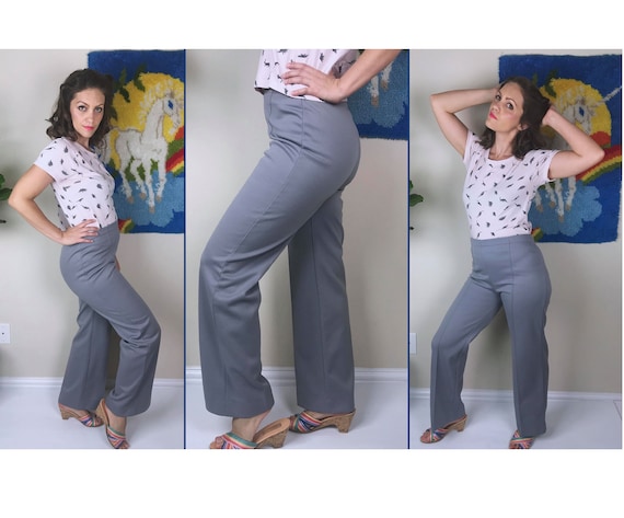 vintage 70s Light GRAY high waist BELLBOTTOMS med… - image 1