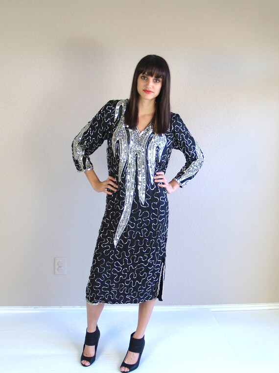 vintage 80s black SILVER sequinned FLAPPER DRESS … - image 2