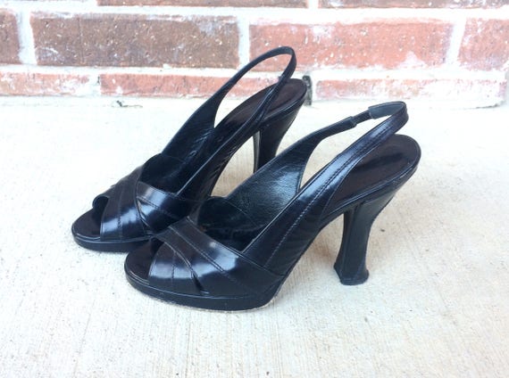 90s Woven Leather Platform Slingback Sandals Vintage 1990s Peep toe Size 8 \u2022 90s does 40s Black Brown Cutout Pumps Heels Shoes