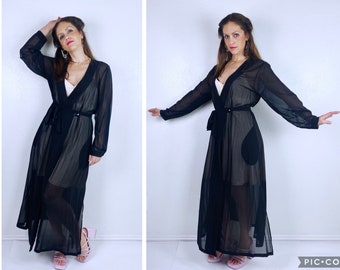 vintage 90s Sheer Black VICTORIAS SECRET Swim COVERUP Med/Large nwt deadstock belted maxi pockets beach loungewear 1997 vintage long sleeve