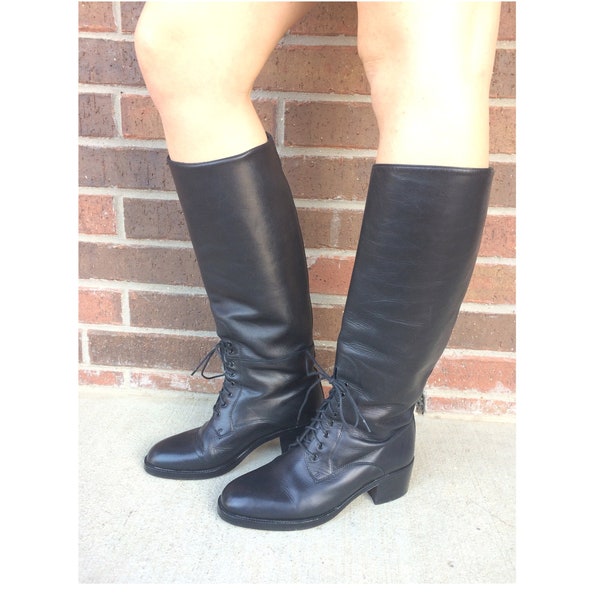 vintage 80s black LACE UP tall Riding BOOTS 8 equestrian knee high boots black leather boots harness boots winter boots heels boho hippie