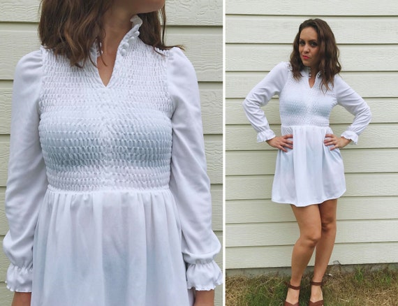 vintage 60s White VICTORIAN smocked BABYDOLL DRESS