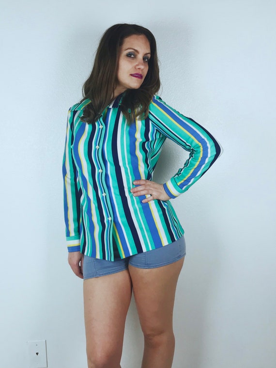 vintage 70s MINT STRIPED Disco BLOUSE Large disco… - image 2