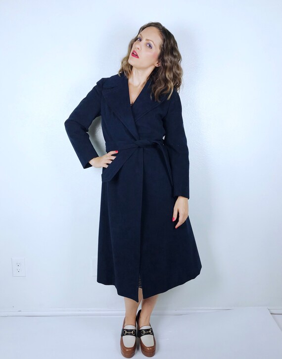 vintage 70s Faux Suede NAVY Belted WRAP COAT Smal… - image 7