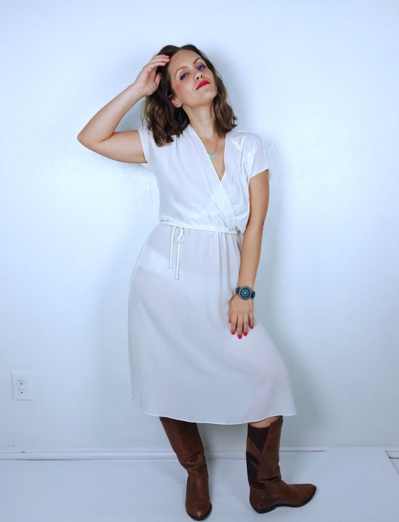 Buy Vintage 70s Sheer Ivory 3D FLOWERS Boho DRESS Medium large Belted Secretary Dress Deep V Wrap Neckline Vintage 70s Dress Retro Midi Dress Online in India Etsy
