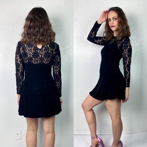Foxy Vintage 90s Black SLINKY Spaghetti Strap SKATER DRESS Small Sheer Lace  Sleeves Lbd Vintage 90s Dress Goth Y2k Fit and Flare Mini Dress 