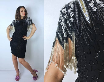 vintage 80s black Open Back BEADED FRINGE Party DRESS Small/6 mini dress silver trophy lbd 80s sequin party dress cocktail evening gown silk