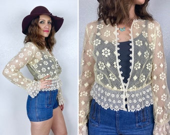 vintage 70s Cut Out Lace FLOWER POWER JACKET Small cottage core prairie shirt Victorian crocheted boho hippie 70s blouse 70s top sheer cream