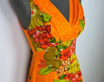 vintage 60s DAY GLO Hibiscus Print Hawaiian Maxi DRESS xs barkcloth orange floral print vlv tiki resort empire waist 70s dress tropical boho
