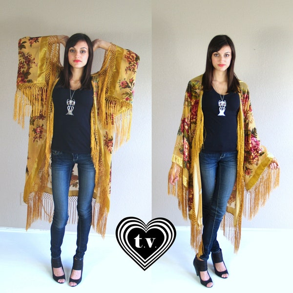 vtg 70s marigold ENGLISH ROSES floral revival Gypsy Fringe KIMONO os midi jacket silk burnout velvet