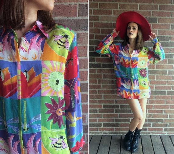 vintage 90s SILK oversized BUTTERFLY PRINT Blouse