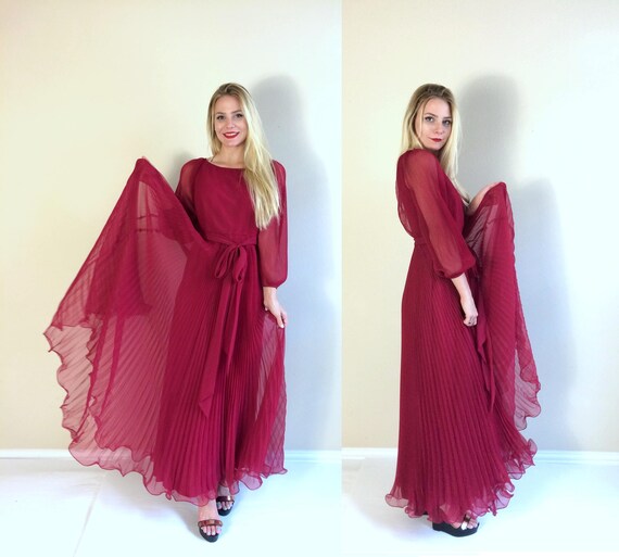 vtg 70s Miss Eliette PLEATED Raspberry Red MAXI DR