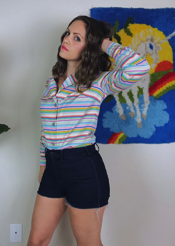 vintage 70s CANDY STRIPED rainbow pastel BLOUSE M… - image 3