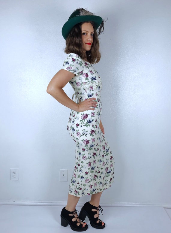 vintage 90s Cream FLORAL print Lace Trim MIDI DRE… - image 4