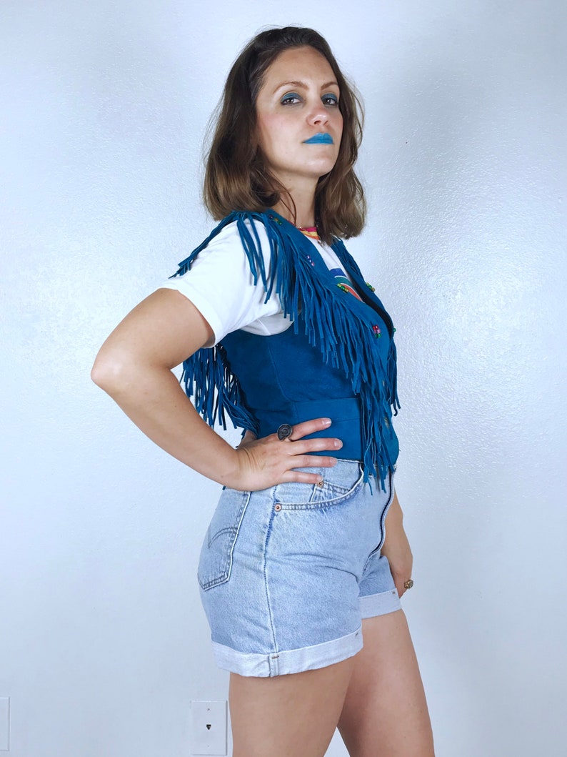 vintage 80s Teal SUEDE leather Colorful Beaded FRINGE VEST xs boho hippie Pioneer Wear turquoise festival jacket 80s leather vest bohemian image 3