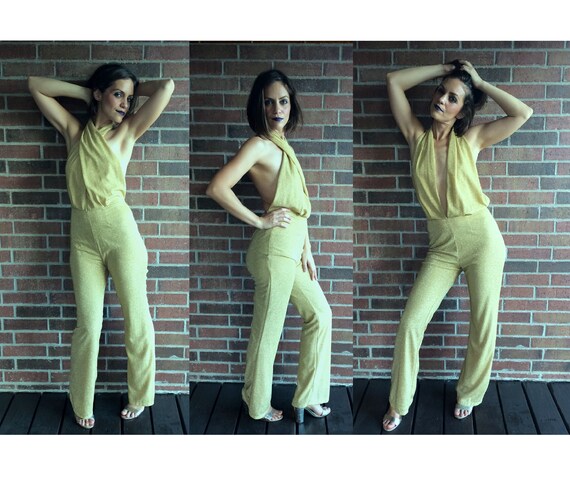 vintage 90s GOLD METALLIC Plunging JUMPSUIT Medium