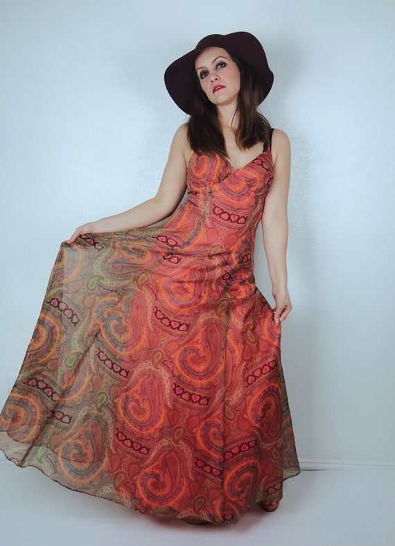 vintage 70s Tangerine HEART PRINT paisley print G… - image 3