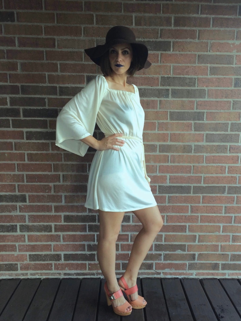 vintage 60s CREAM angel sleeve MINI DRESS Small belted draped Grecian goddess dress wide sleeve boho festival jersey hippie dress 70s dress
