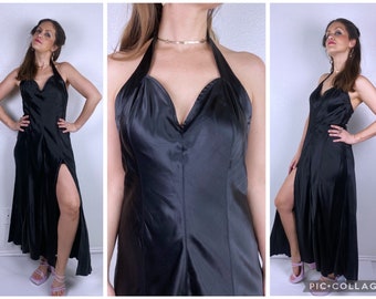 vintage 90s Black SILK Gold Label VICTORIAS SECRET High Slit Slip Dress Large deadstock halter open back vintage lingerie boudoir nwt 1997