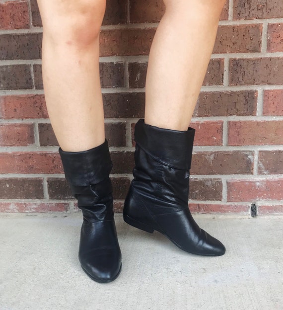 vintage 80s BLACK tall Cuff PIRATE BOOTS 7 flat bo