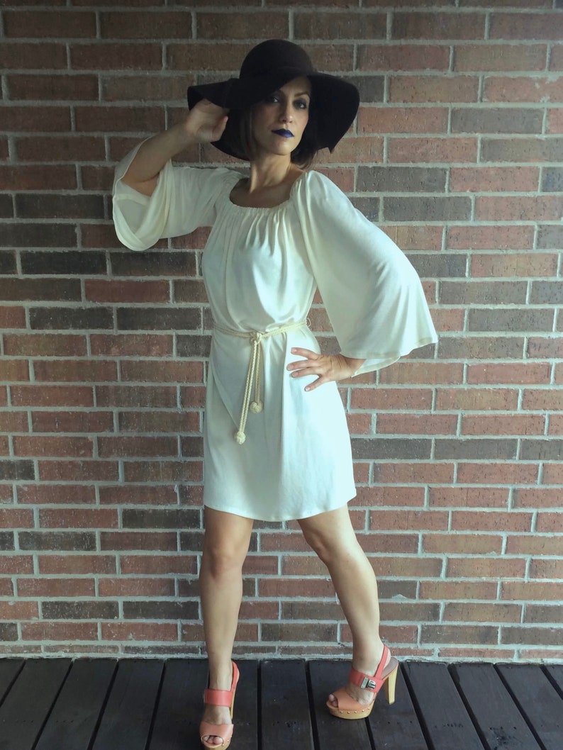 vintage 60s CREAM angel sleeve MINI DRESS Small belted draped Grecian goddess dress wide sleeve boho festival jersey hippie dress 70s dress