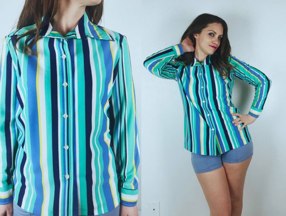 vintage 70s MINT STRIPED Disco BLOUSE Large disco… - image 1