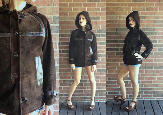 vintage 70s cocoa brown SHEARLING Hooded BOHO COAT