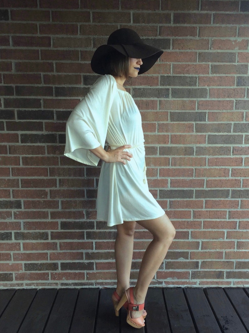 vintage 60s CREAM angel sleeve MINI DRESS Small belted draped Grecian goddess dress wide sleeve boho festival jersey hippie dress 70s dress