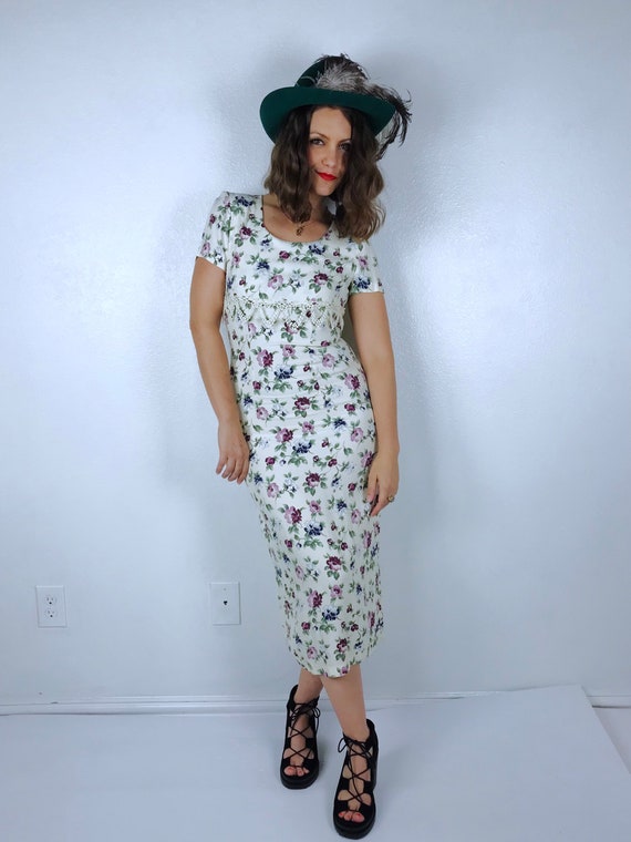 vintage 90s Cream FLORAL print Lace Trim MIDI DRE… - image 8