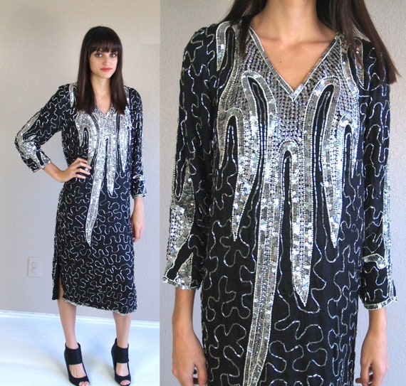 vintage 80s black SILVER sequinned FLAPPER DRESS … - image 1