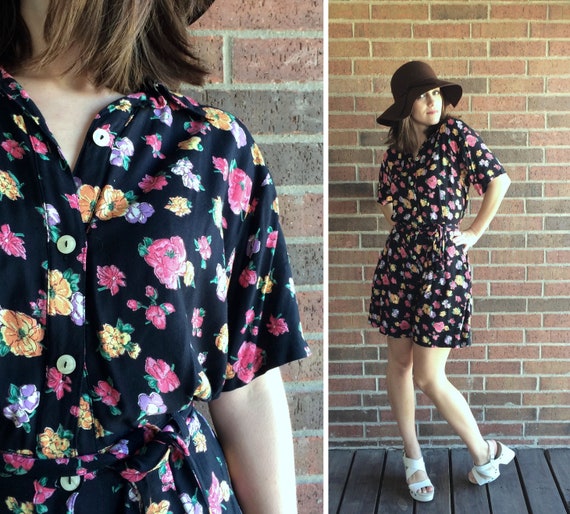 Vtg 90s Black FLORAL PRINT Pockets Grunge ROMPER Medium/lg - Etsy