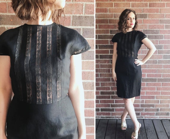 vintage 50s Black ILLUSION LACE Wiggle DRESS Large