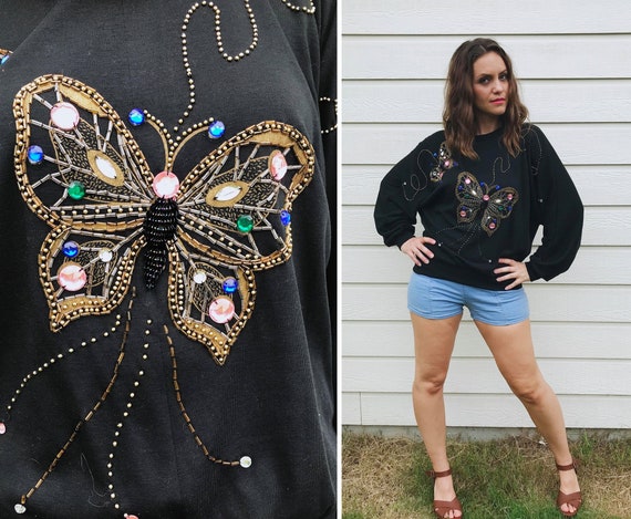 vintage 90s black 3d Beaded BUTTERFLY gems BATWING