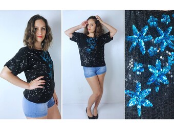 vintage 80s Black, TEAL STARS Sequin Silk Party BLOUSE os nye trophy statement turquoise holiday shirt top cocktail avant garde disco glam