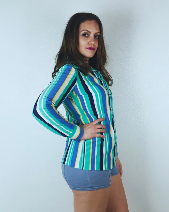 vintage 70s MINT STRIPED Disco BLOUSE Large disco… - image 4