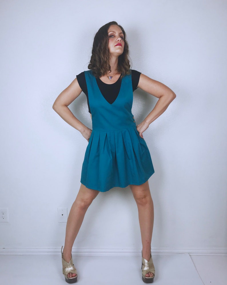 vintage 90s Turquoise PLEATED full skirt JUMPER mini dress Medium schoolgirl babydoll vintage 90s grunge dress overall dress pinafore dolly