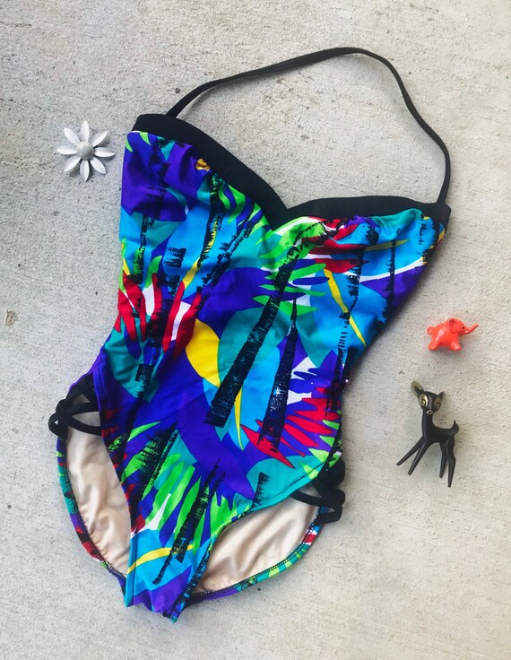 vintage 90s Slim Suit CUT OUT tropical print SWIMS