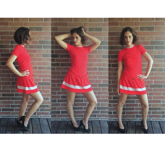vintage 30s CHERRY RED full skirt Knit DRESS xs dr