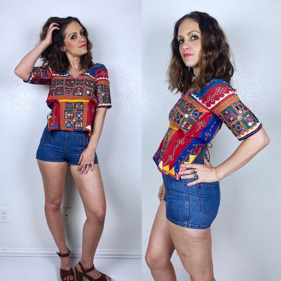 vintage COLORFUL Embroidered MIRRORED TOP xs/s op… - image 3