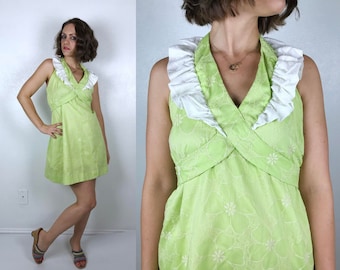 vintage 70s Lime Green RUFFLE Flower Power Mini DRESS Small open back halter dress swiss dots floral print 70s dress empire waist retro mod