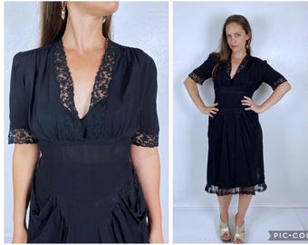 vintage 40s Black PLUNGING Sheer LACE DRESS Medium film noir rayon evening dress vixen midcentury draped bombshell 1940s cocktail dress lbd