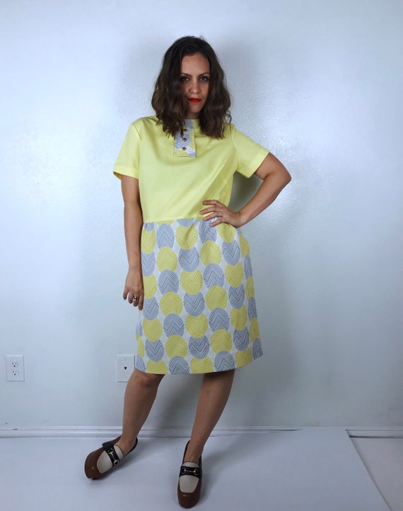 vintage 60s Yellow, Gray ZIG ZAG Polka Dot mod DR… - image 7